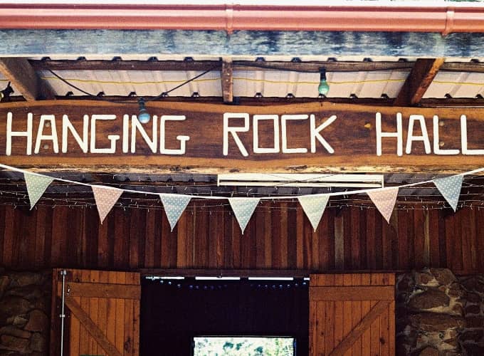 HANGING ROCK HALL entrance sign decorated with colourful bunting