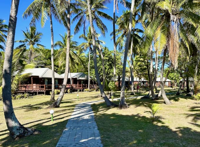 Tropical beachfront resort with coconut palms and elevated bures connected by landscaped pathways in Fiji.